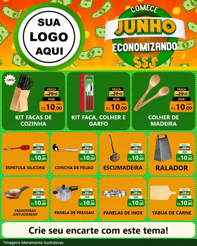 Modelo de Rede Social para Feed Instagram com o tema Comece Junho Economizando para Utilidades Domésticas