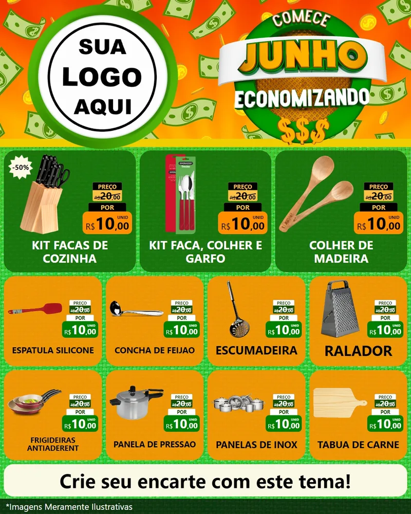 Modelo de Rede Social para Feed Instagram com o tema Comece Junho Economizando para Utilidades Domésticas