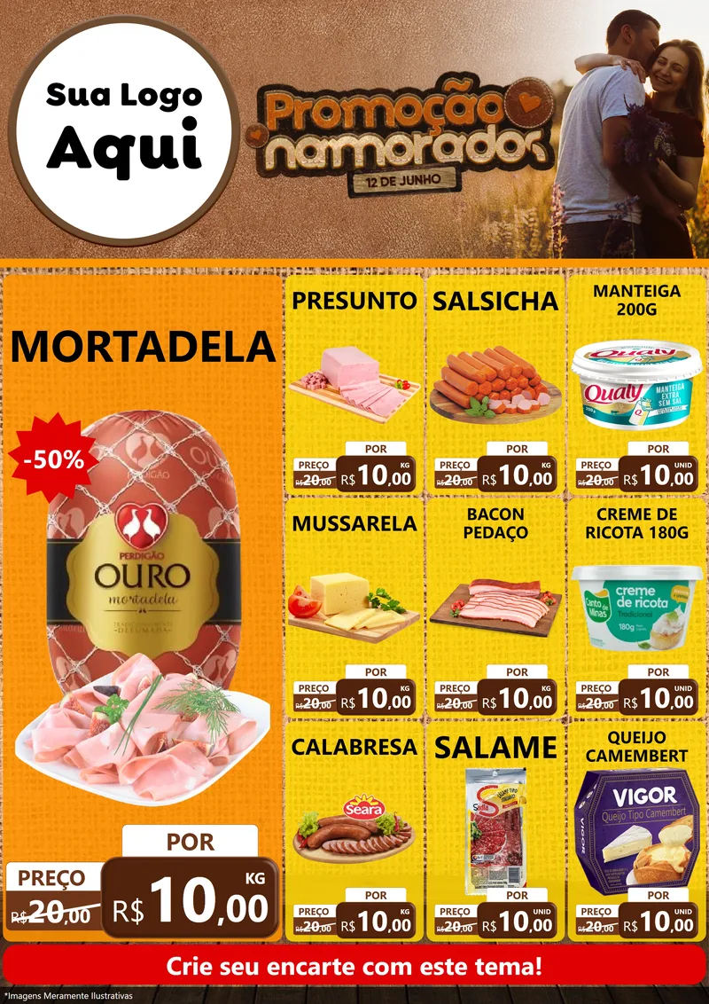 Modelo de Encarte para Encarte A4 Vertical com o tema Promoção Namorados para Frios e Laticínios