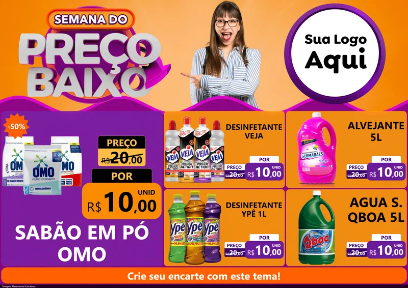 Modelo de Encarte para Encarte A4 Horizontal com o tema Semana do Preço Baixo para Produtos de Limpeza
