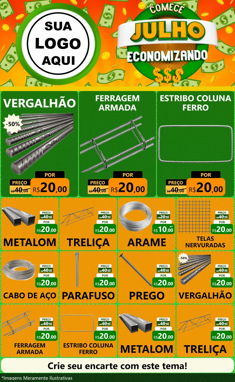 Modelo de Encarte para Encarte Grande com o tema Comece Julho Economizando para Ferragens
