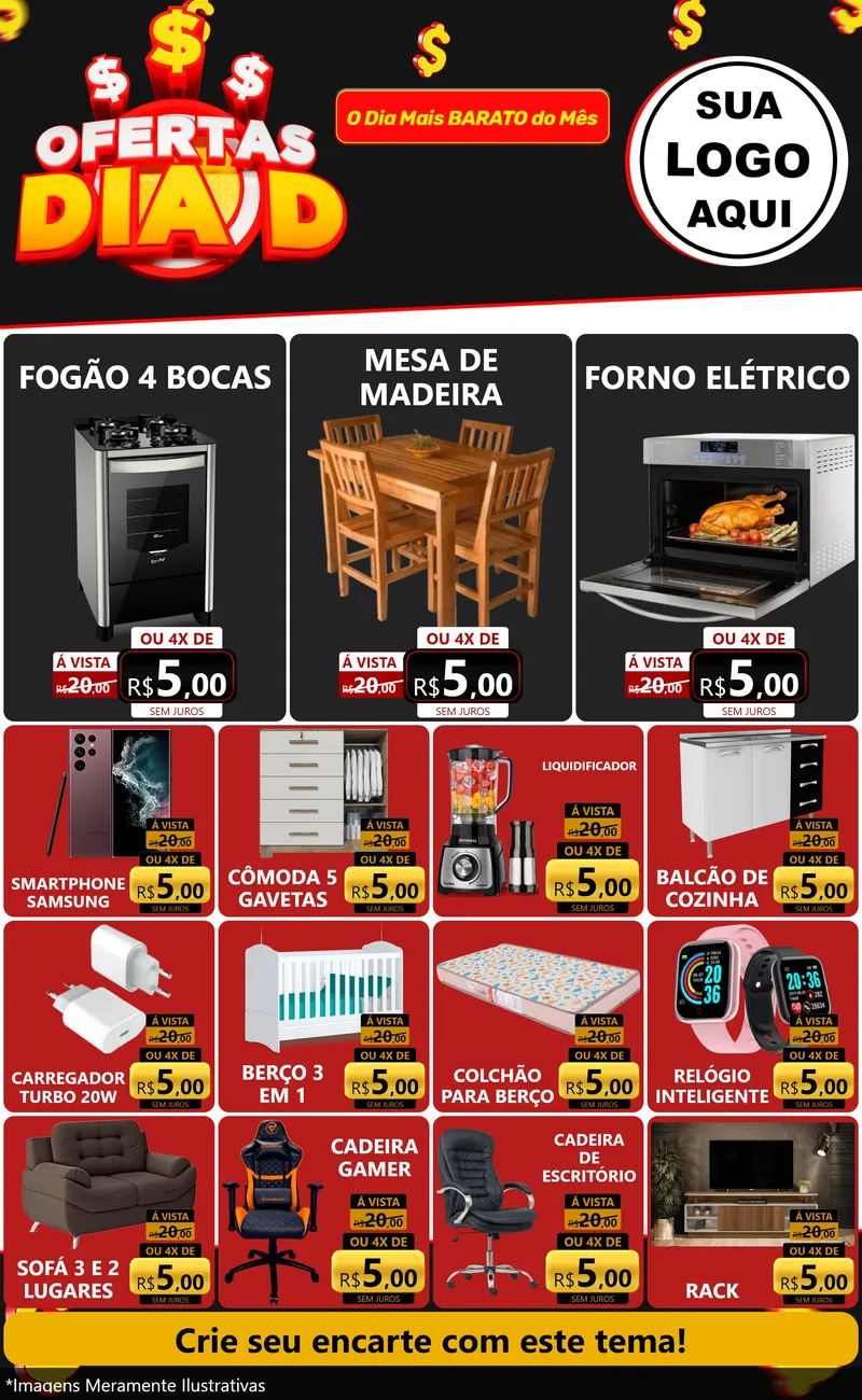 Modelo de Encarte para Encarte Grande com o tema Ofertas Dia D para Móveis e Eletro