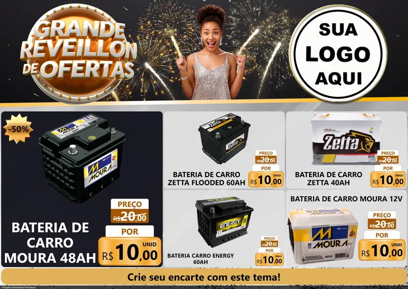 Modelo de Encarte para Encarte A4 Horizontal com o tema Grande Réveillon de Ofertas para Baterias Elétricas