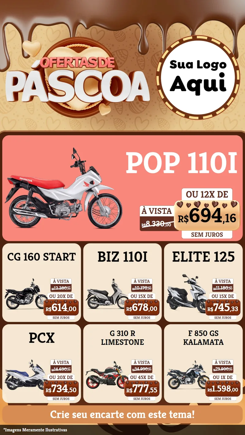 Modelo de Rede Social para Stories com o tema Ofertas de Páscoa para Concessionaria de Motos