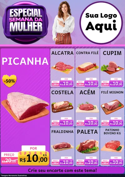 Modelo de Encarte para Encarte A4 Vertical com o tema Especial Semana da Mulher para Açougue