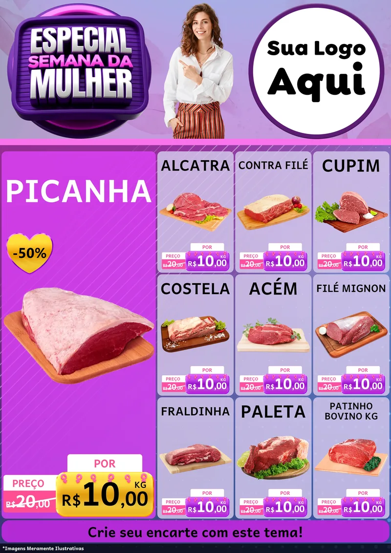 Modelo de Encarte para Encarte A4 Vertical com o tema Especial Semana da Mulher para Açougue