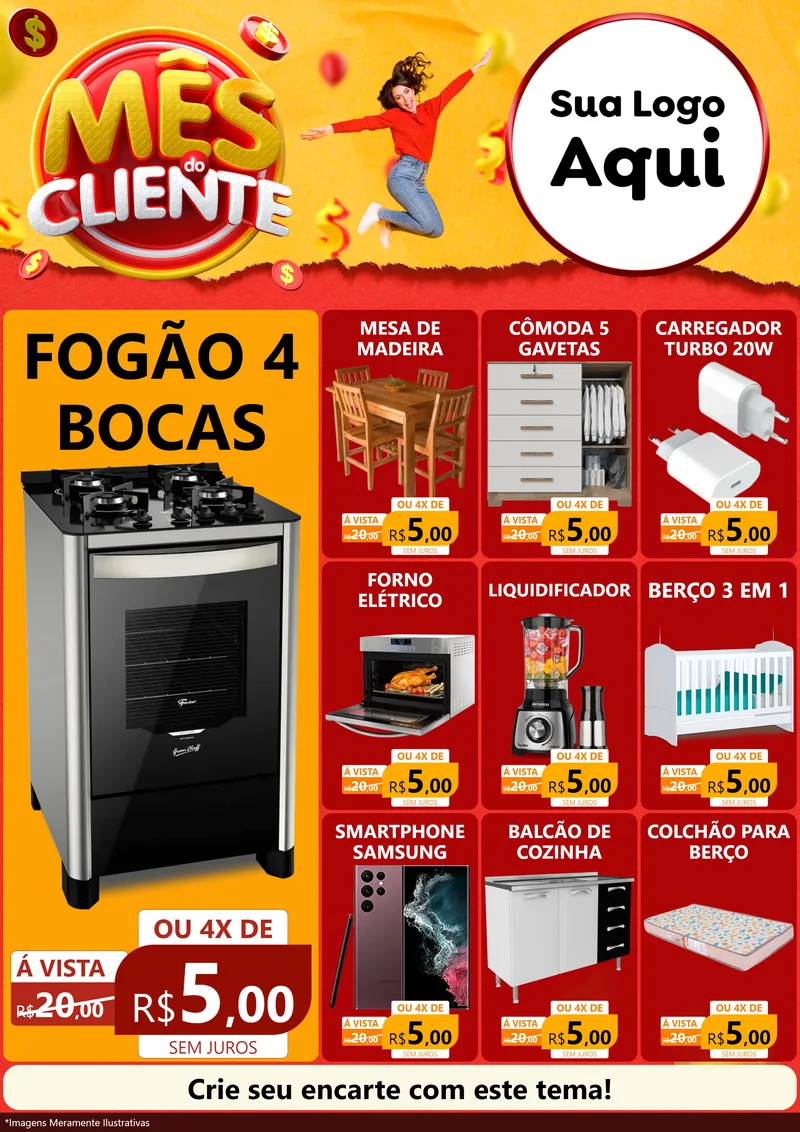 Modelo de Encarte para Encarte A4 Vertical com o tema Mês do Cliente para Móveis e Eletro