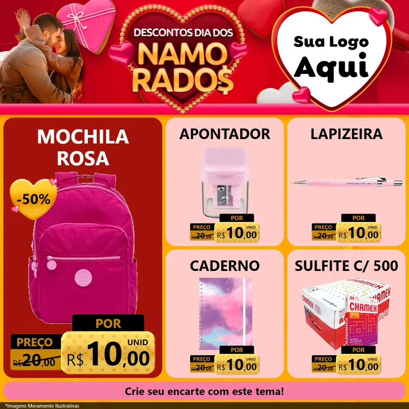 Modelo de Rede Social para Feed Facebook com o tema Descontos Dia dos Namorados para Papelaria