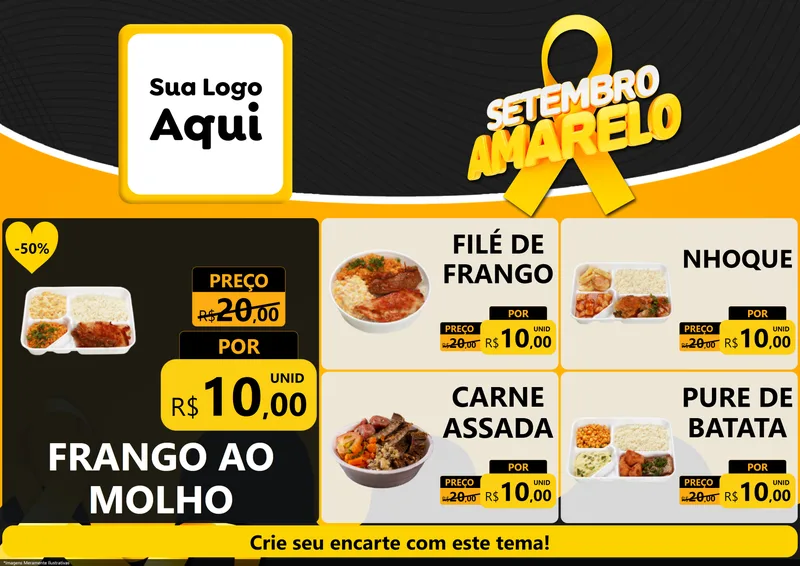 Modelo de Encarte para Encarte A4 Horizontal com o tema Setembro Amarelo para Restaurante