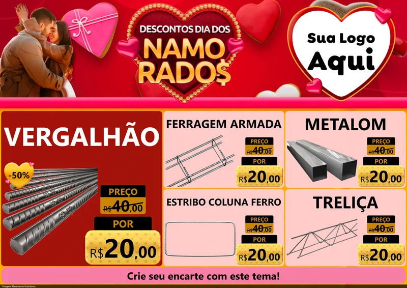 Modelo de Encarte para Encarte A4 Horizontal com o tema Descontos Dia dos Namorados para Ferragens
