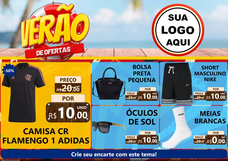 Modelo de Encarte para Encarte A4 Horizontal com o tema Verão de Ofertas para Roupas e acessórios