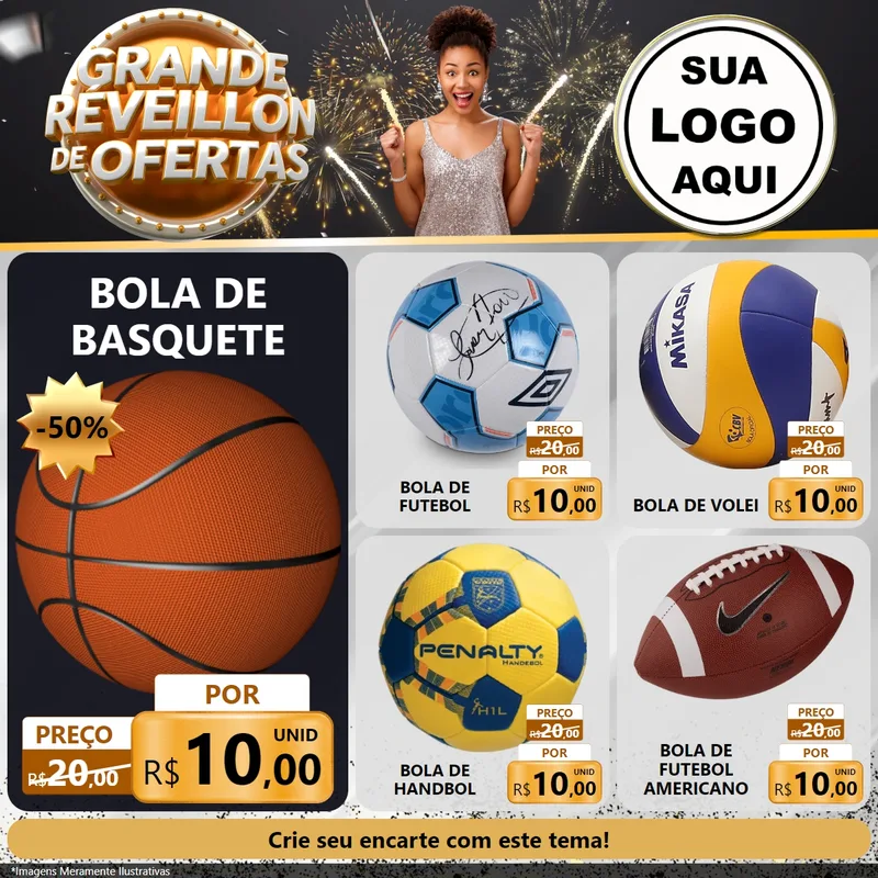 Modelo de Rede Social para Feed Facebook com o tema Grande Réveillon de Ofertas para Artigos Esportivos