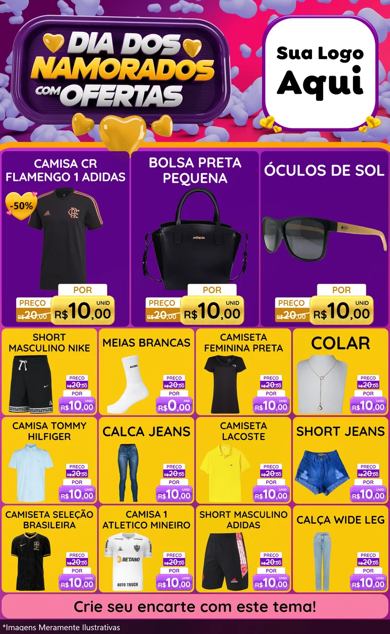 Modelo de Encarte para Encarte Grande com o tema Dia Dos Namorados Com Ofertas para Roupas e acessórios