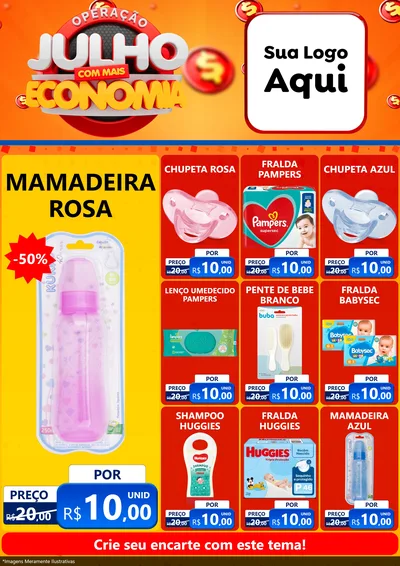 Modelo de Encarte para Encarte A4 Vertical com o tema Operação Julho Com Mais Economia para Bebês
