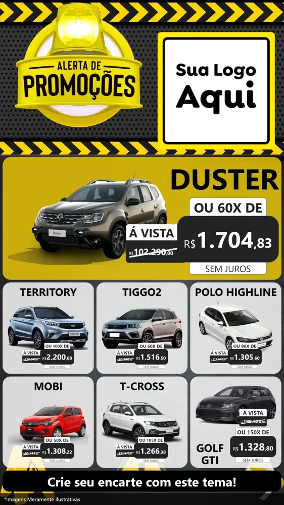 Modelo de Rede Social para Stories com o tema Alerta de Promoções para Concessionaria de Carros