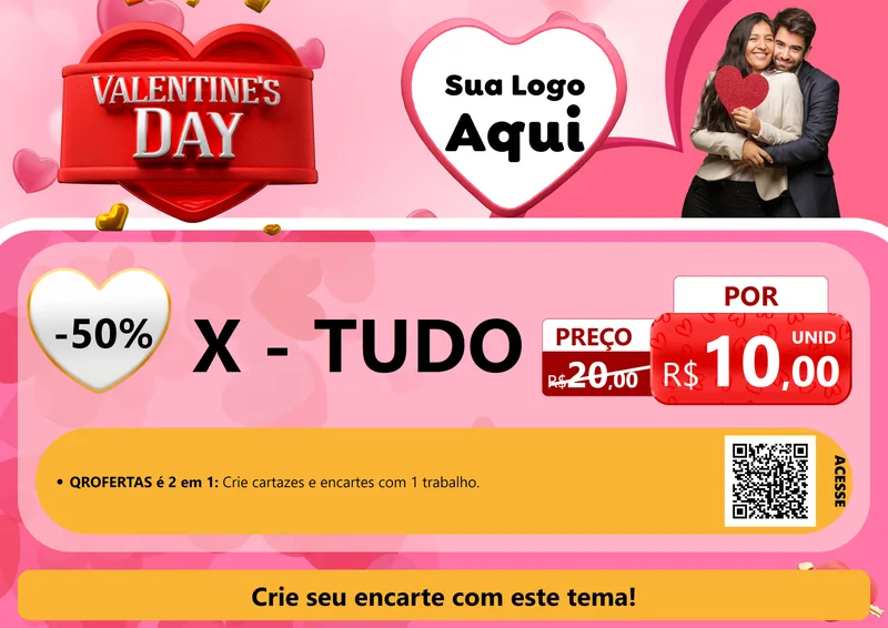 Modelo de Cartaz para Cartaz A4 Horizontal com o tema Valentine's Day para Hamburgueria