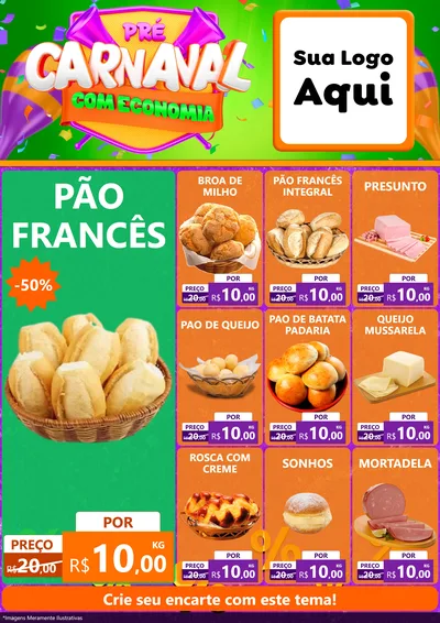 Modelo de Encarte para Encarte A4 Vertical com o tema Pré-Carnaval Com Economia para Padaria