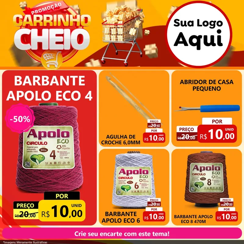 Modelo de Rede Social para Feed Facebook com o tema Promoção carrinho cheio para Armarinho e Aviamentos