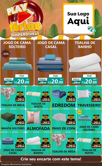 Modelo de Encarte para Encarte Grande com o tema Play Nas Férias Imperdível para Cama, Mesa e Banho