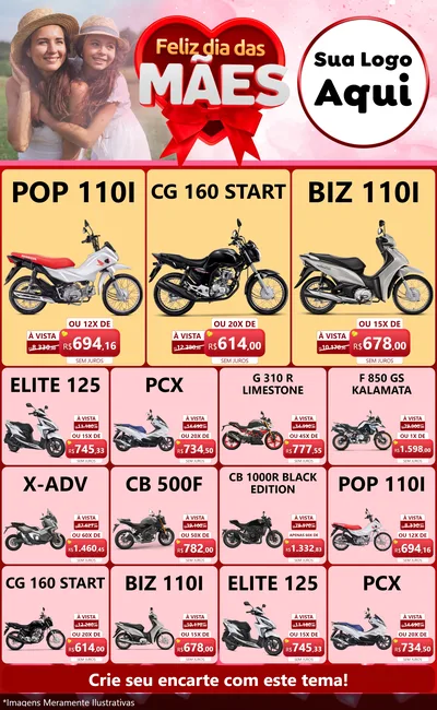 Modelo de Encarte para Encarte Grande com o tema Feliz Dia Das Mães para Concessionaria de Motos