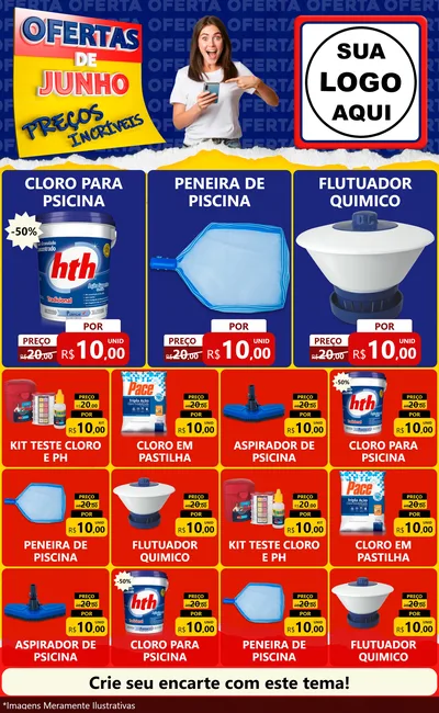 Modelo de Encarte para Encarte Grande com o tema Ofertas de Junho - Preços Incríveis para Produtos para Piscina
