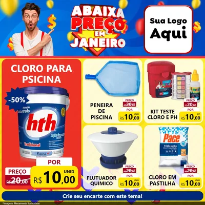 Modelo de Rede Social para Feed Facebook com o tema Abaixa Preço em Janeiro para Produtos para Piscina