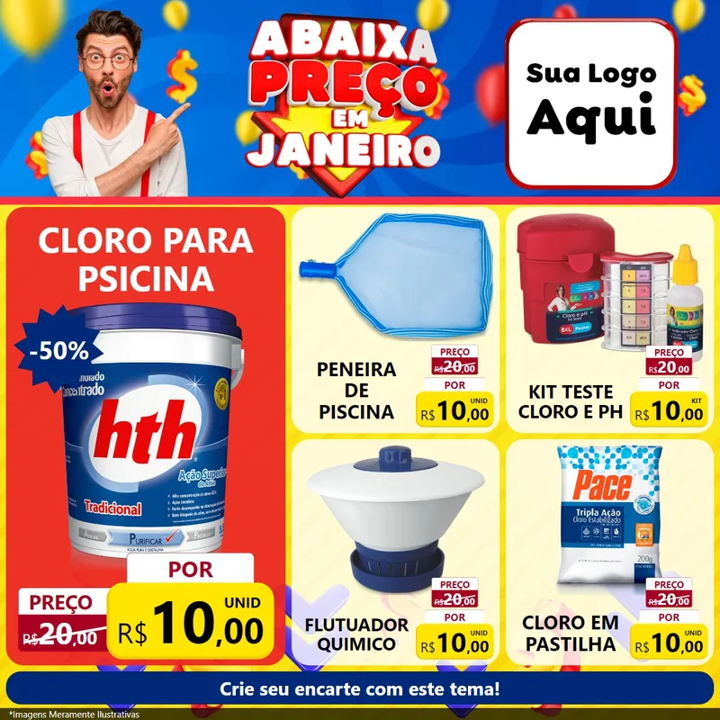Modelo de Rede Social para Feed Facebook com o tema Abaixa Preço em Janeiro para Produtos para Piscina