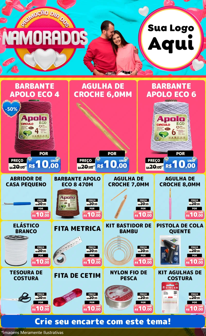 Modelo de Encarte para Encarte Grande com o tema Promoção Dia dos Namorados para Armarinho e Aviamentos