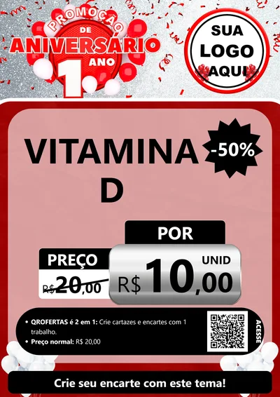 Modelo de Cartaz para Cartaz A4 Vertical com o tema Promoção de Aniversário - 1 Ano para Farmácia
