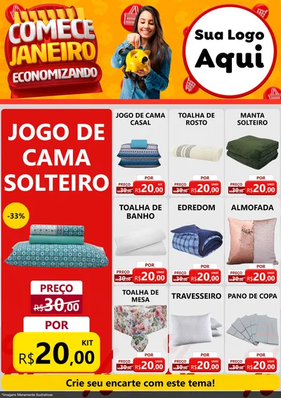 Modelo de Encarte para Encarte A4 Vertical com o tema Comece Janeiro Economizando para Cama, Mesa e Banho