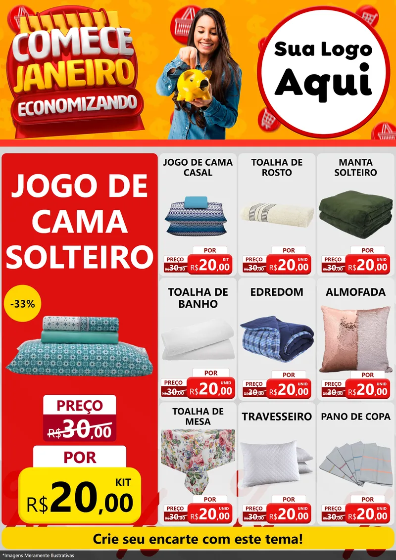 Modelo de Encarte para Encarte A4 Vertical com o tema Comece Janeiro Economizando para Cama, Mesa e Banho