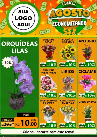 Modelo de Encarte para Encarte A4 Vertical com o tema Comece Agosto Economizando para Floricultura e jardim