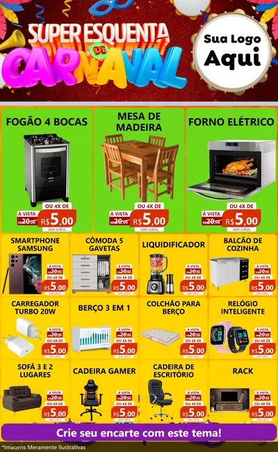 Modelo de Encarte para Encarte Grande com o tema Super Esquenta de Carnaval para Móveis e Eletro