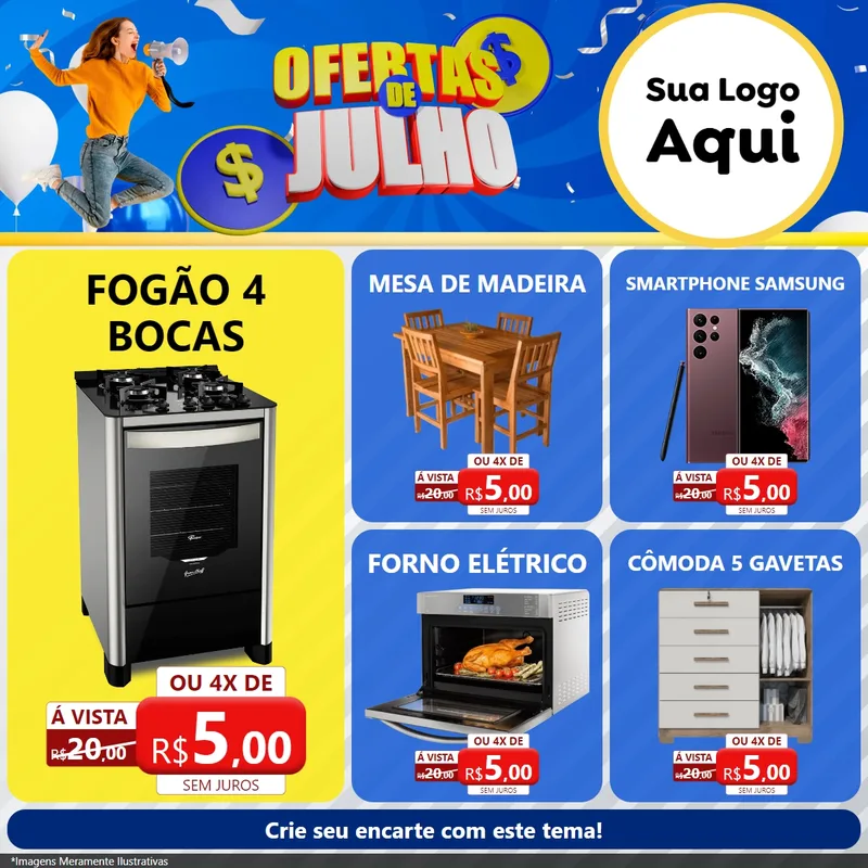 Modelo de Rede Social para Feed Facebook com o tema Ofertas de Julho para Móveis e Eletro
