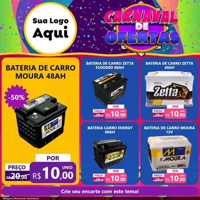 Modelo de Rede Social para Feed Facebook com o tema Carnaval de Ofertas para Baterias Elétricas