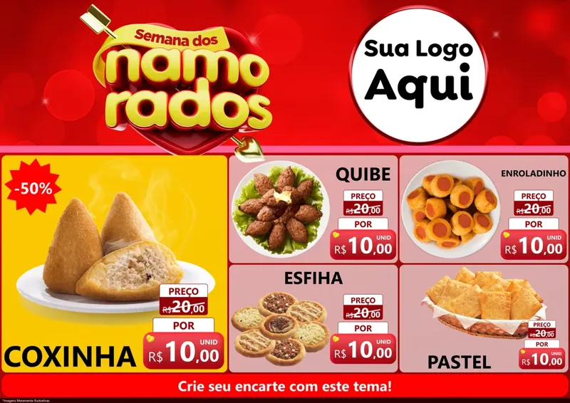 Modelo de Encarte para Encarte A4 Horizontal com o tema Semana dos namorados para Salgadaria