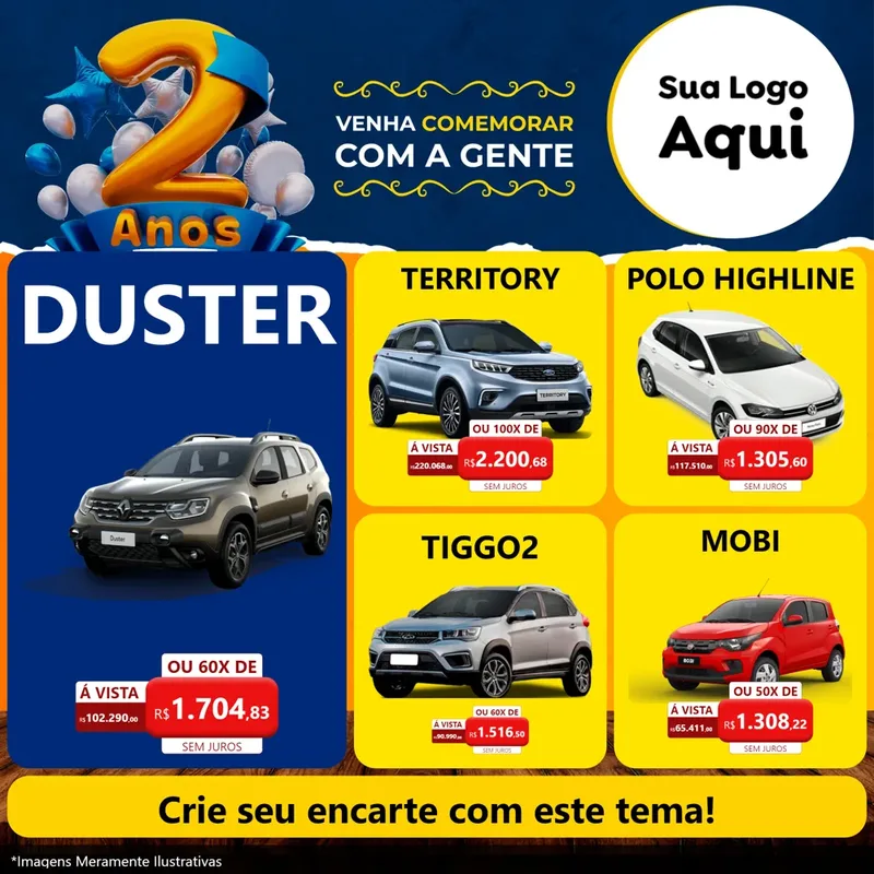 Modelo de Rede Social para Feed Facebook com o tema Aniversário de 2 anos para Concessionaria de Carros