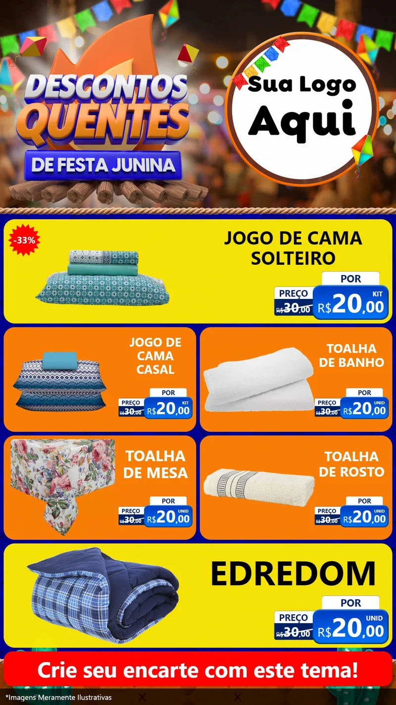 Modelo de TV para TV Vertical com o tema Descontos Quentes de Festa Junina para Cama, Mesa e Banho