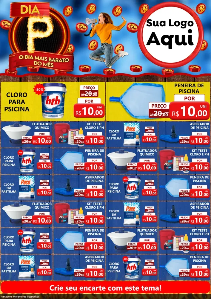Modelo de Encarte para Encarte A4 Vertical com o tema Dia P - O Dia Mais Barato Do Mês para Produtos para Piscina