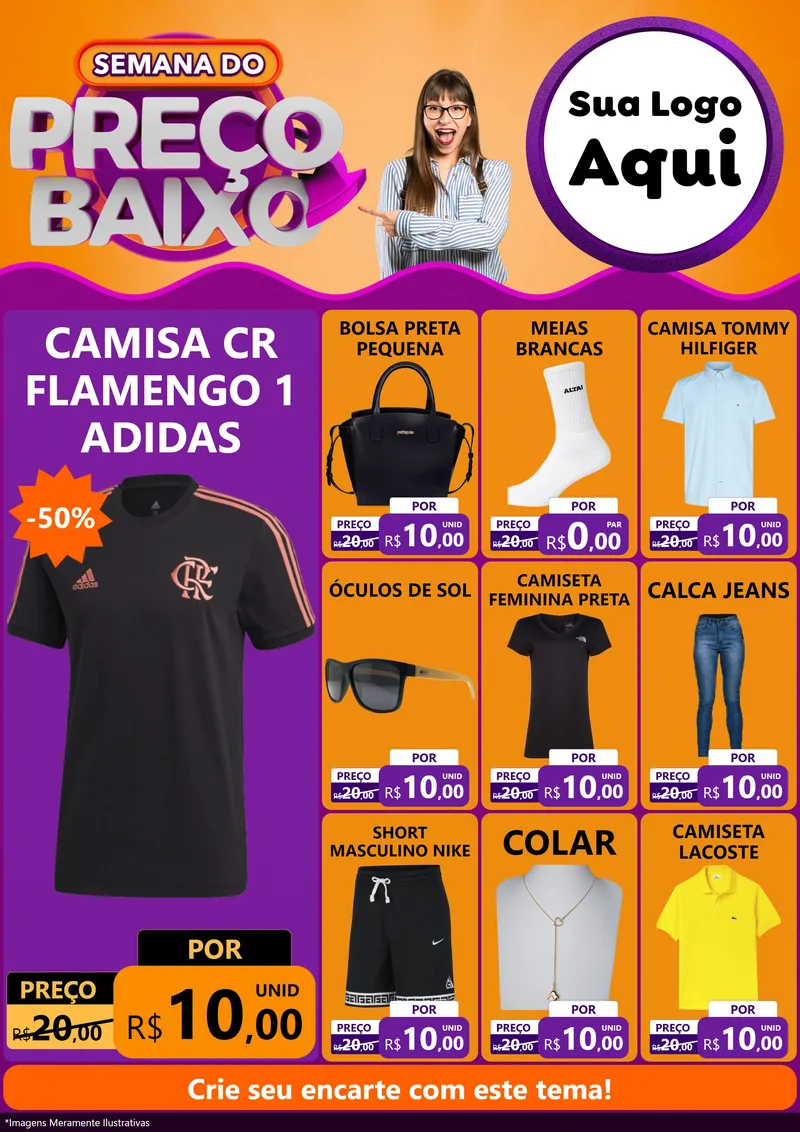 Modelo de Encarte para Encarte A4 Vertical com o tema Semana do Preço Baixo para Roupas e acessórios