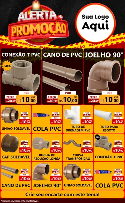 Modelo de Encarte para Encarte Grande com o tema Alerta de Promoção para Tubos e conexões