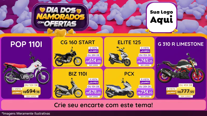 Modelo de TV para TV Horizontal com o tema Dia Dos Namorados Com Ofertas para Concessionaria de Motos