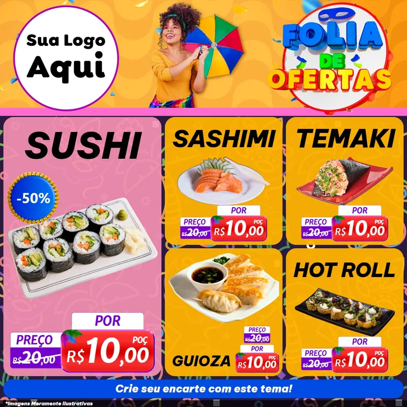Modelo de Rede Social para Feed Facebook com o tema Folia de Ofertas para Comida japonesa