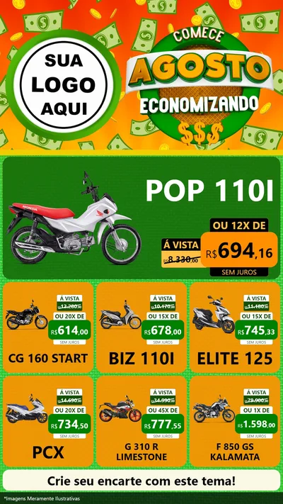Modelo de Rede Social para Stories com o tema Comece Agosto Economizando para Concessionaria de Motos