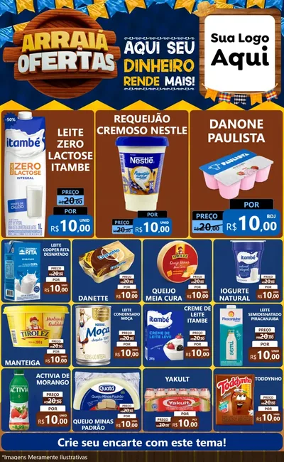 Modelo de Encarte para Encarte Grande com o tema Arraiá de Ofertas - Junina para Frios e Laticínios