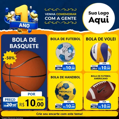 Modelo de Rede Social para Feed Facebook com o tema Um Ano de Aniversário para Artigos Esportivos