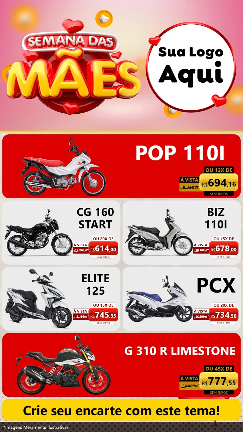 Modelo de TV para TV Vertical com o tema Semana das Mães para Concessionaria de Motos