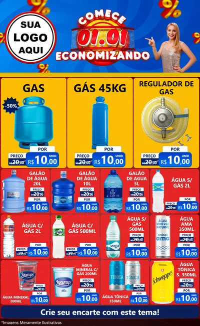 Modelo de Encarte para Encarte Grande com o tema Comece 1º de Janeiro Economizando para Água e gás