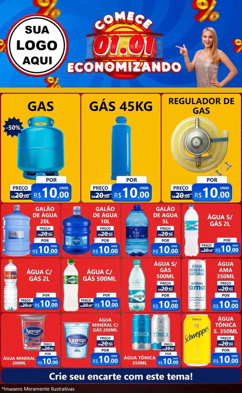 Modelo de Encarte para Encarte Grande com o tema Comece 1º de Janeiro Economizando para Água e gás