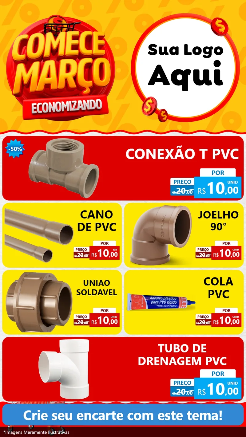 Modelo de TV para TV Vertical com o tema Comece Março Economizando para Tubos e conexões